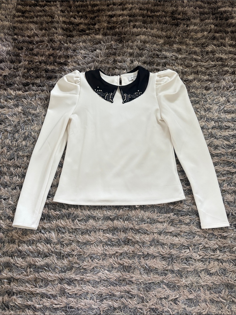 Calligraphie Pearl Beaded Peter Pan Collar Puff Sleeve Blouse Cream White S